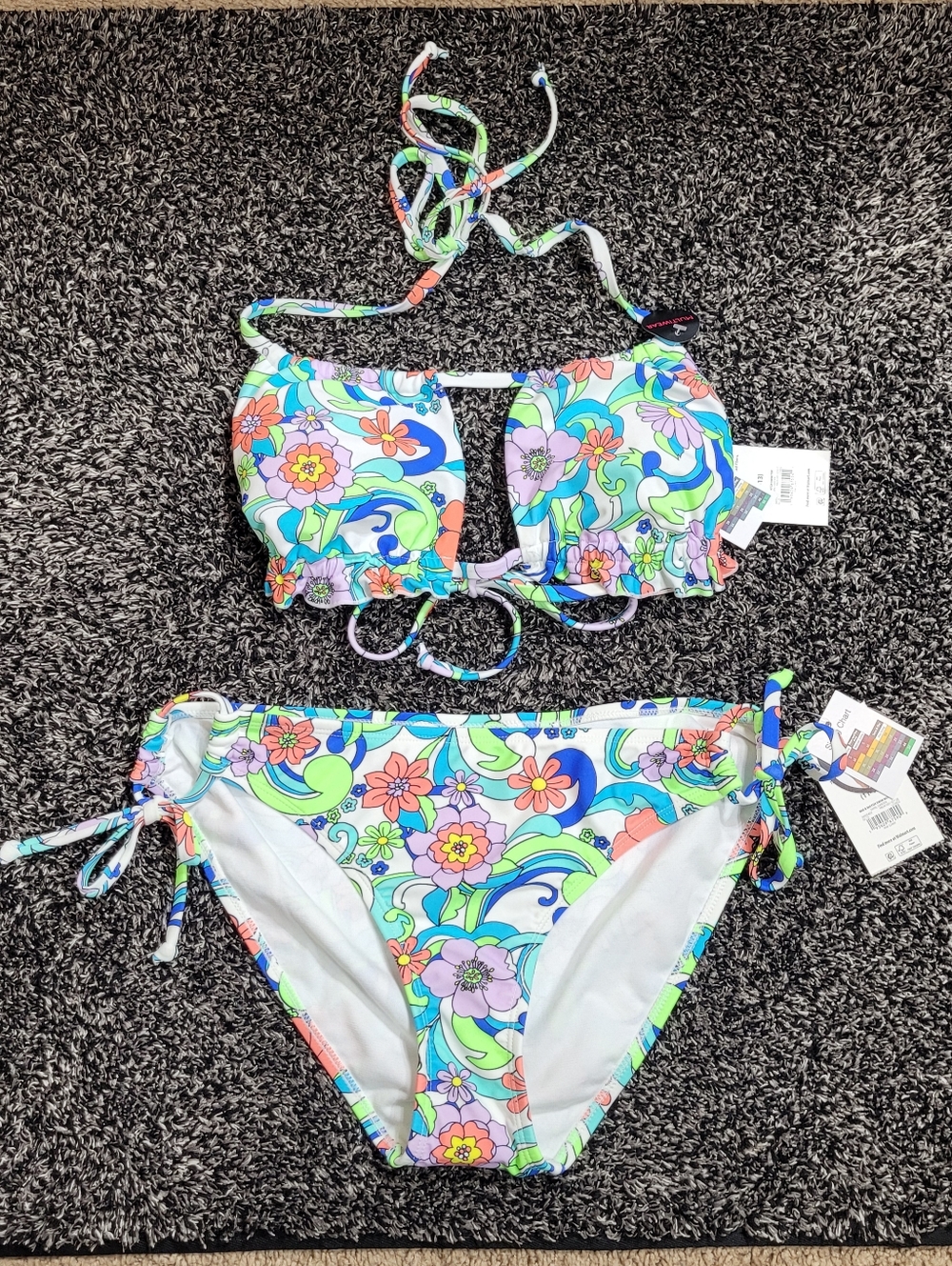 NWT No Boundries Swimsuit Bikini Floral Neon Size Large Multiwear